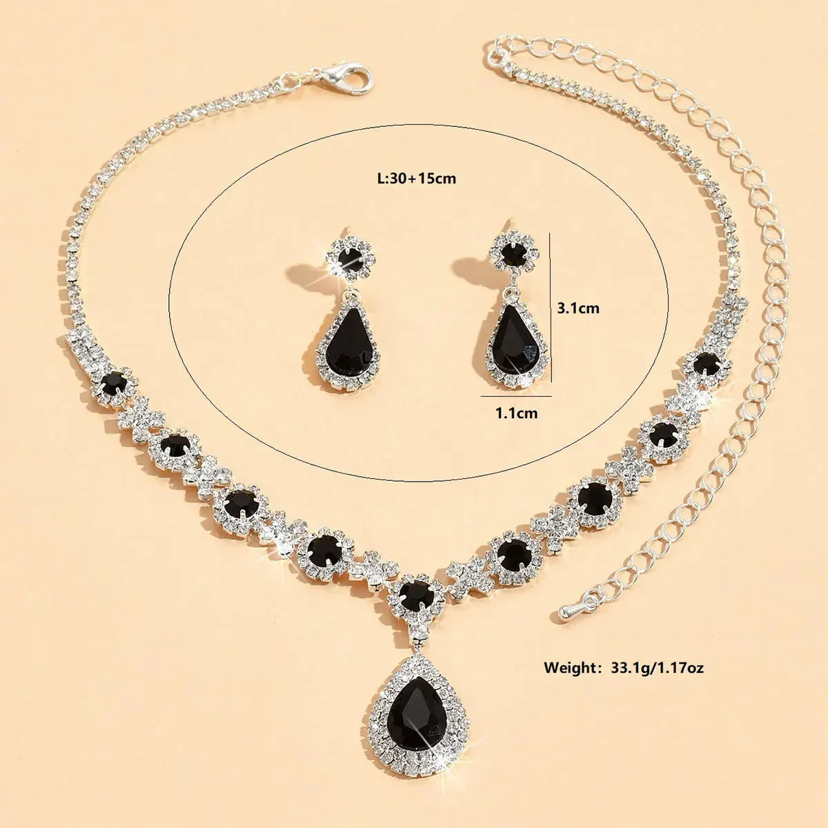 Parure de 3 Bijoux : 1 Collier   2 Boucles d'oreilles design "goutte d'eau" avec strass (4 coloris)